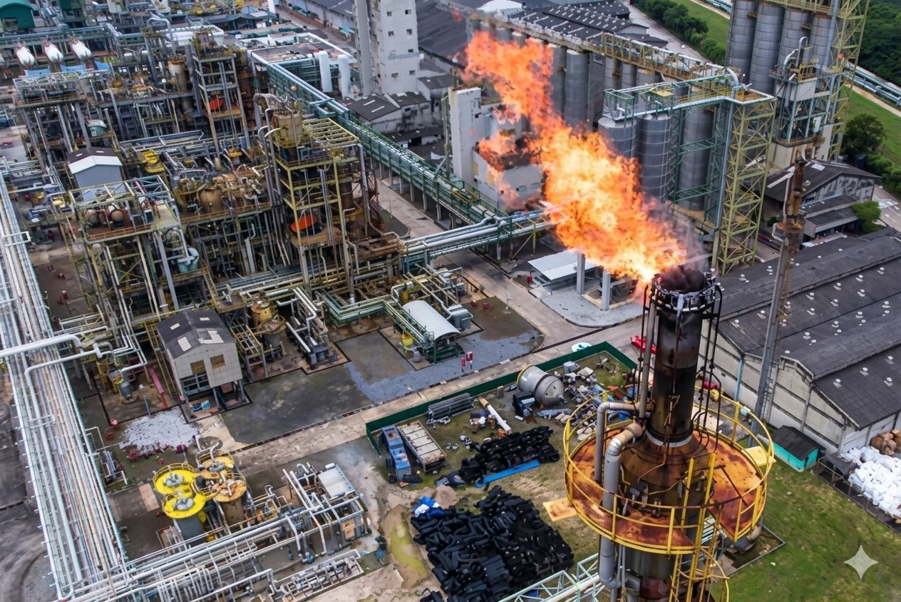 Gas flare burning at the top of a flare stack above an industrial processing facility
