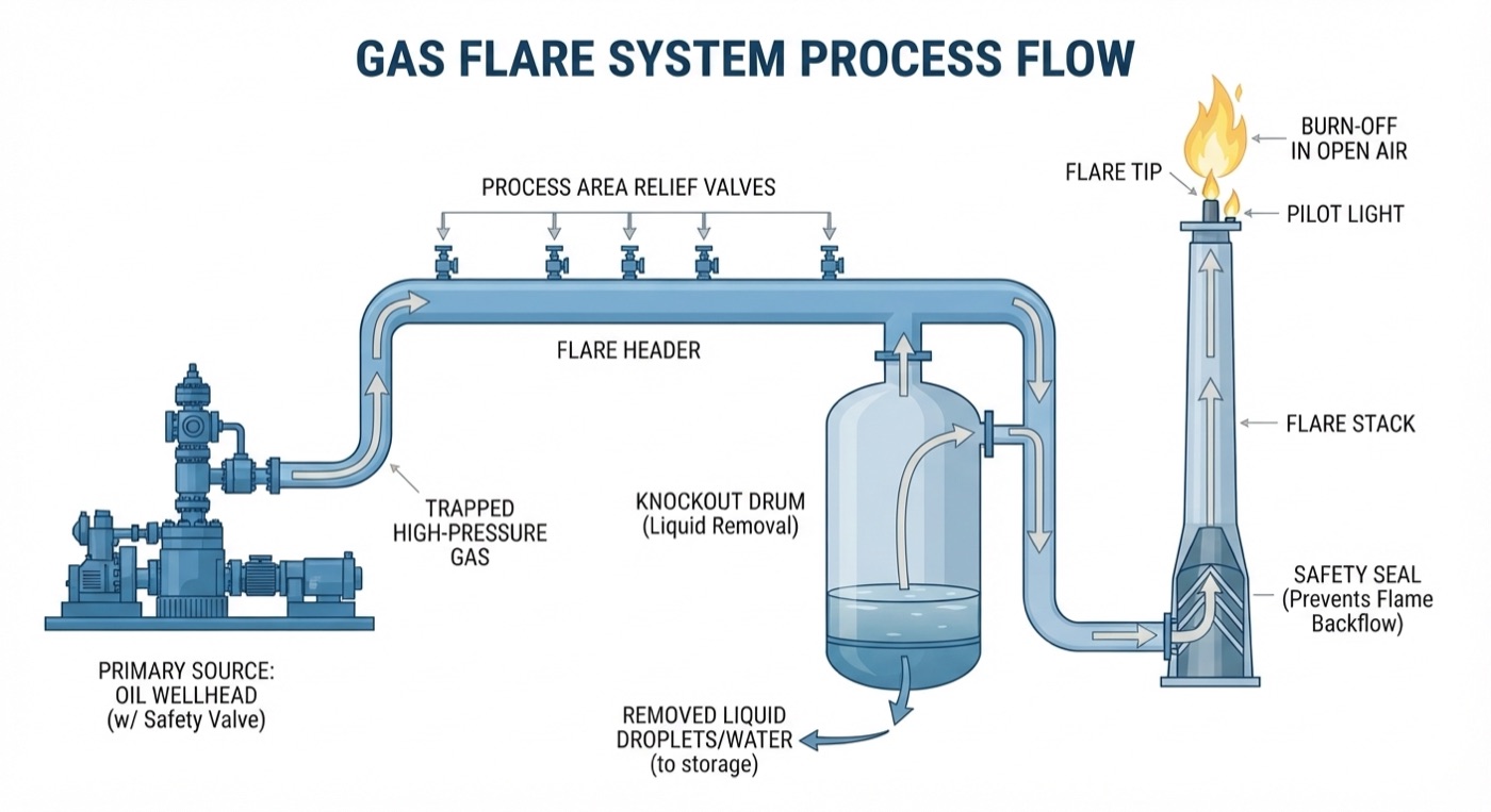 Diagram of a gas flare system process flow, from the oil wellhead and process area relief valves through the flare header and knockout drum to the flare stack, safety seal, pilot light and flare tip
