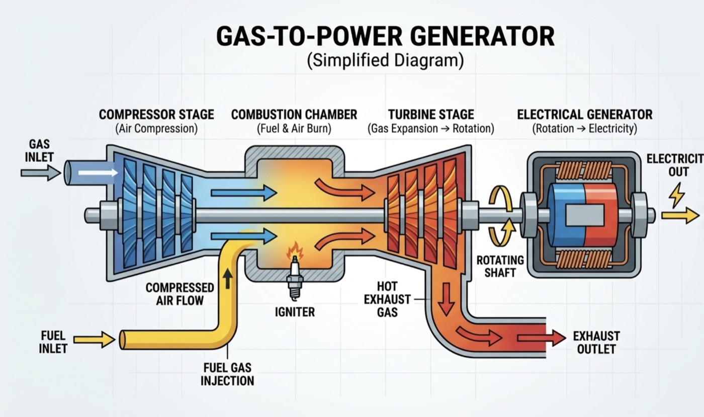 Simplified diagram of a gas-to-power generator showing the compressor stage, combustion chamber with fuel gas injection and igniter, turbine stage, rotating shaft and electrical generator