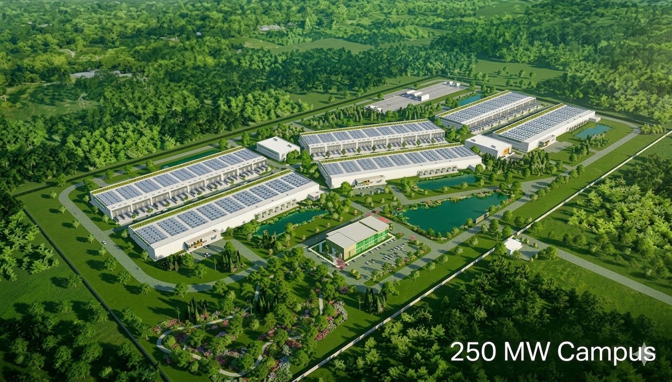 250 MW campus render — scaled AI inference infrastructure
