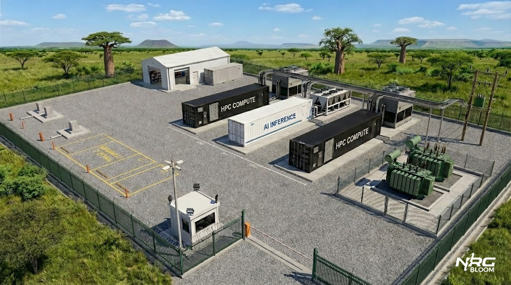NRG Bloom conceptual modular compute site — off-grid deployment