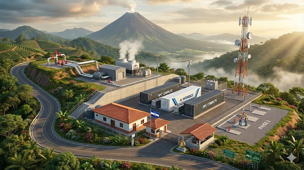 Geothermal-powered AI and Bitcoin compute infrastructure concept