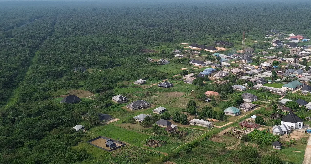Aerial view of a rural Niger Delta community surrounded by tropical forest
